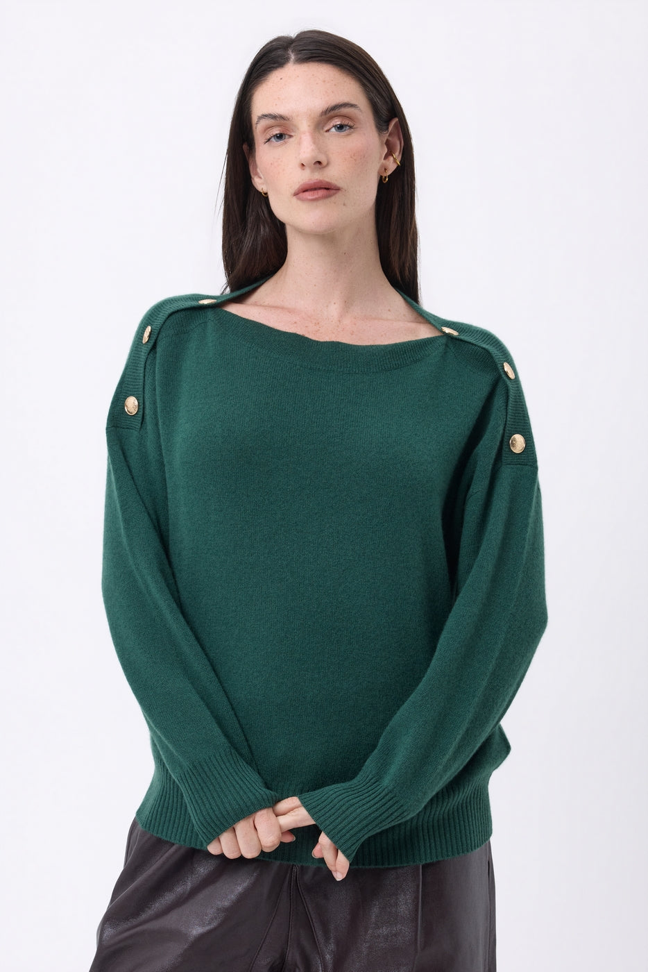 Pull Col Rond Boutons Dorés Icone - Beige Creme - Femme