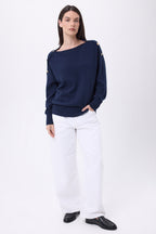 Jersey de cuello redondo con botones dorados Icono - Azul marino - Mujer