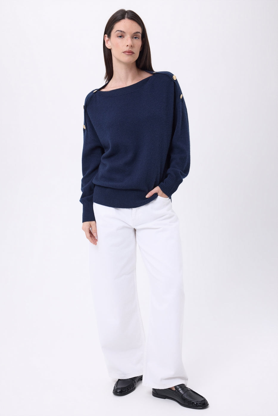Jersey de cuello redondo con botones dorados Icono - Azul marino - Mujer