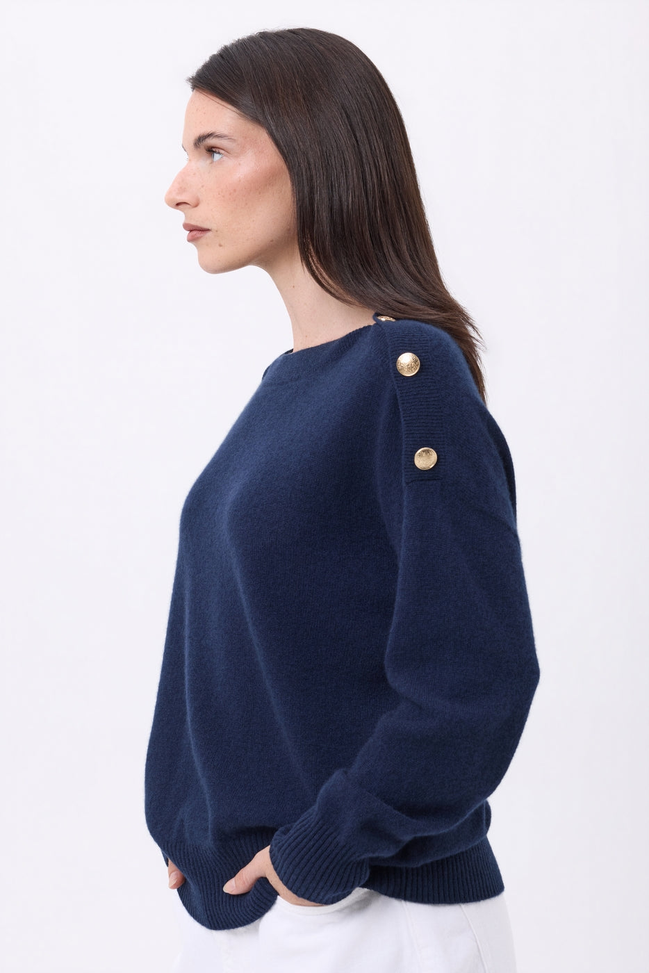 Jersey de cuello redondo con botones dorados Icono - Azul marino - Mujer