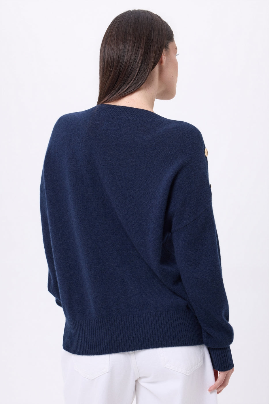 Jersey de cuello redondo con botones dorados Icono - Azul marino - Mujer