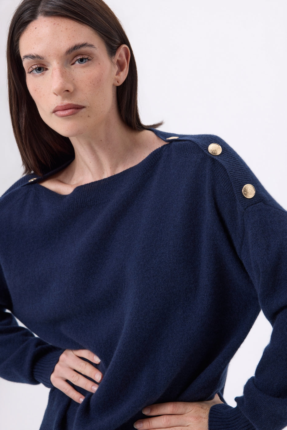 Jersey de cuello redondo con botones dorados Icono - Azul marino - Mujer