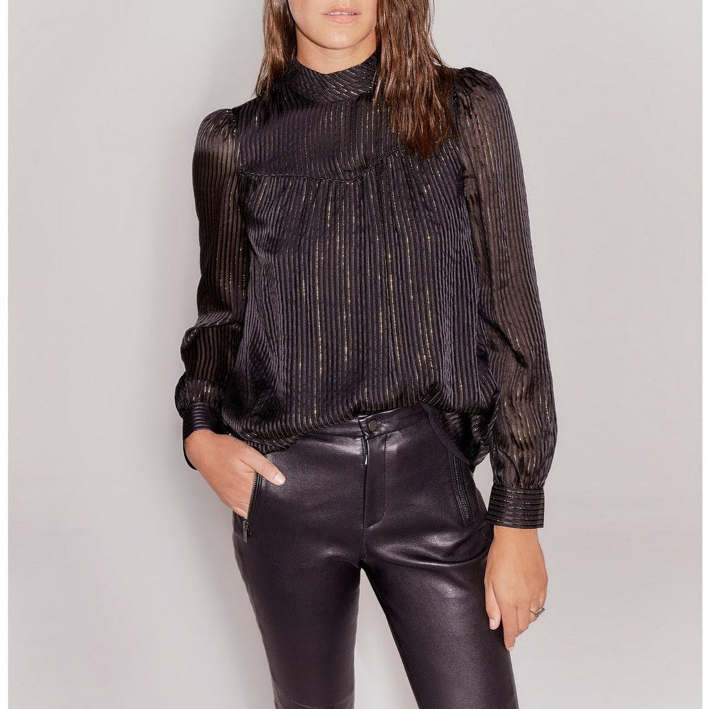 IKKS - Pure Edition Blusa Cuello Alto En Seda E Hilo Dorado - Negro