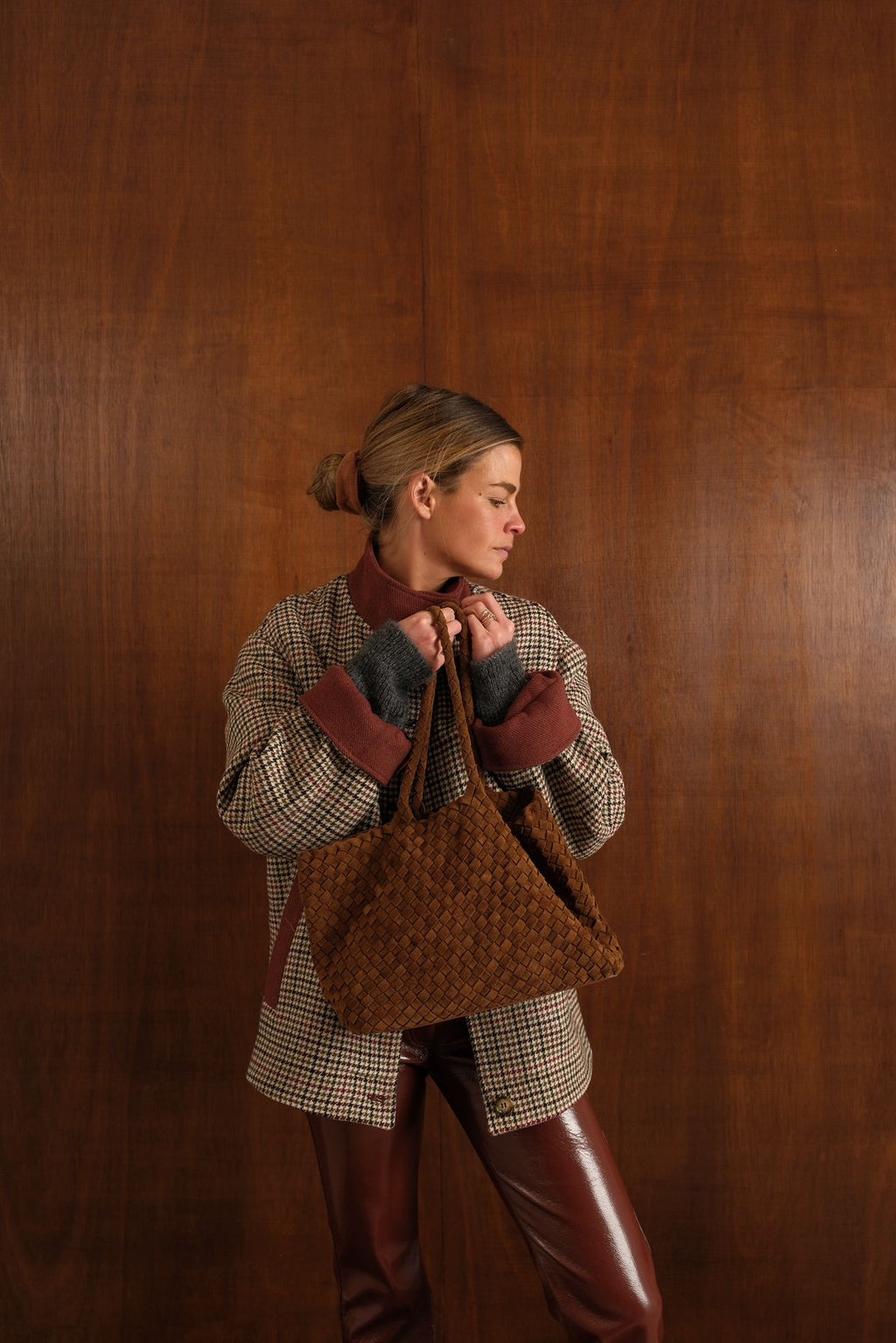 Camel Woven Suede Maxi Bag