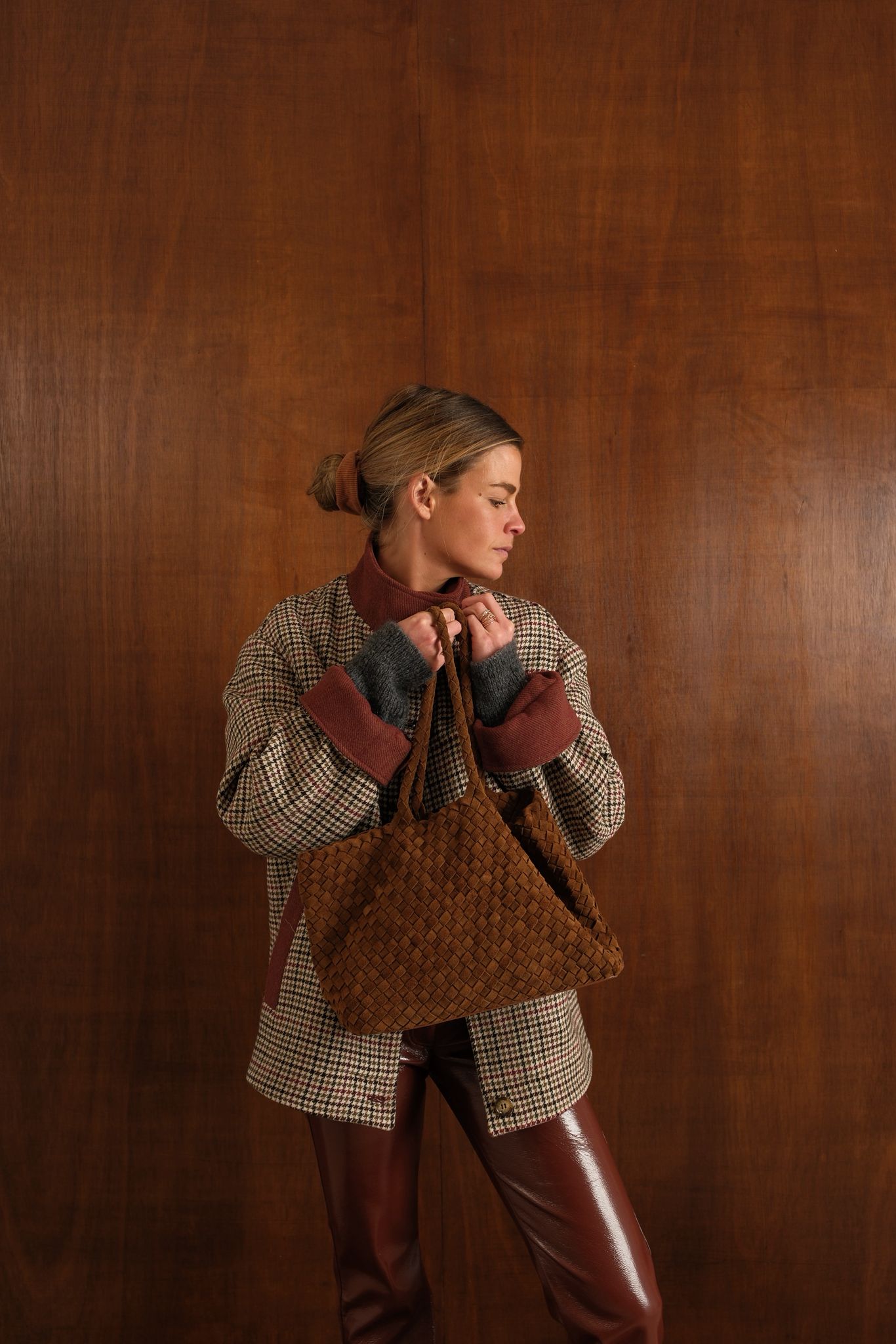 Camel Woven Suede Maxi Bag