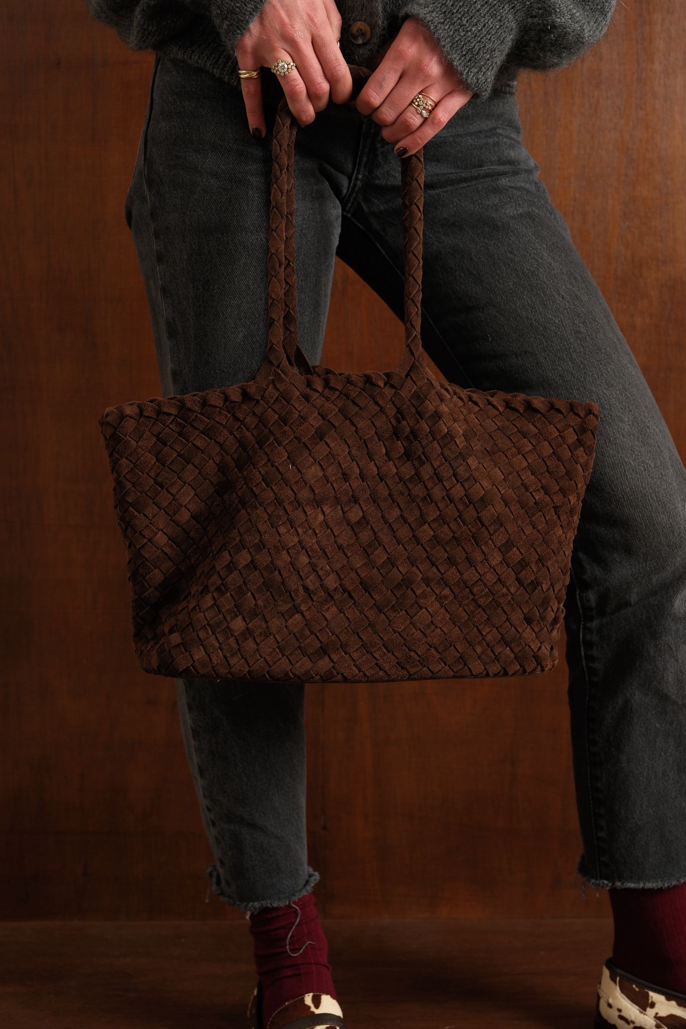 Chocolate Woven Suede Maxi Bag