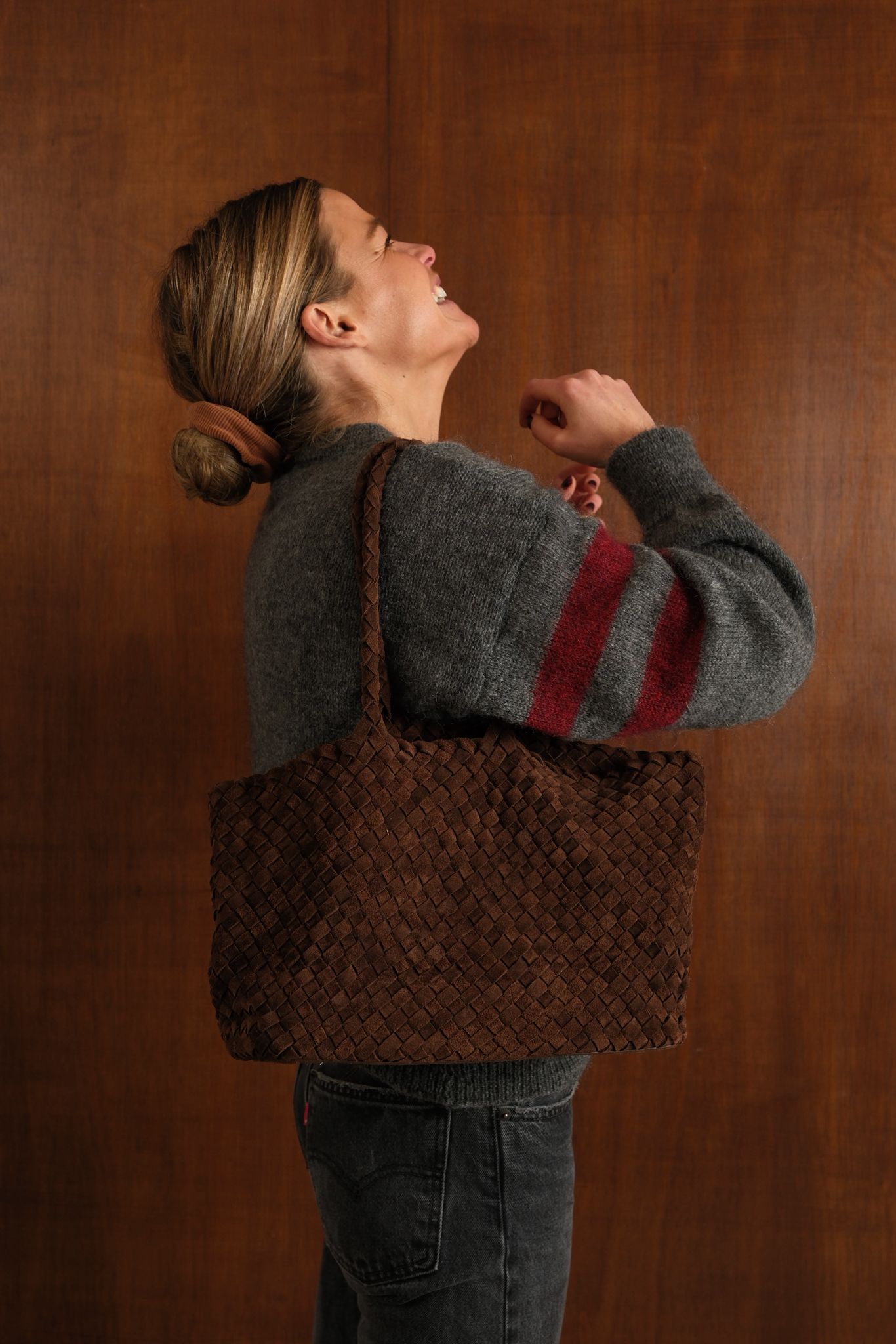 Chocolate Woven Suede Maxi Bag