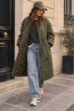 Lara long reversible bomber jacket in khaki
