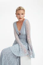 Robe Maxi En Dentelle Avec Manches Volantes - Bleu