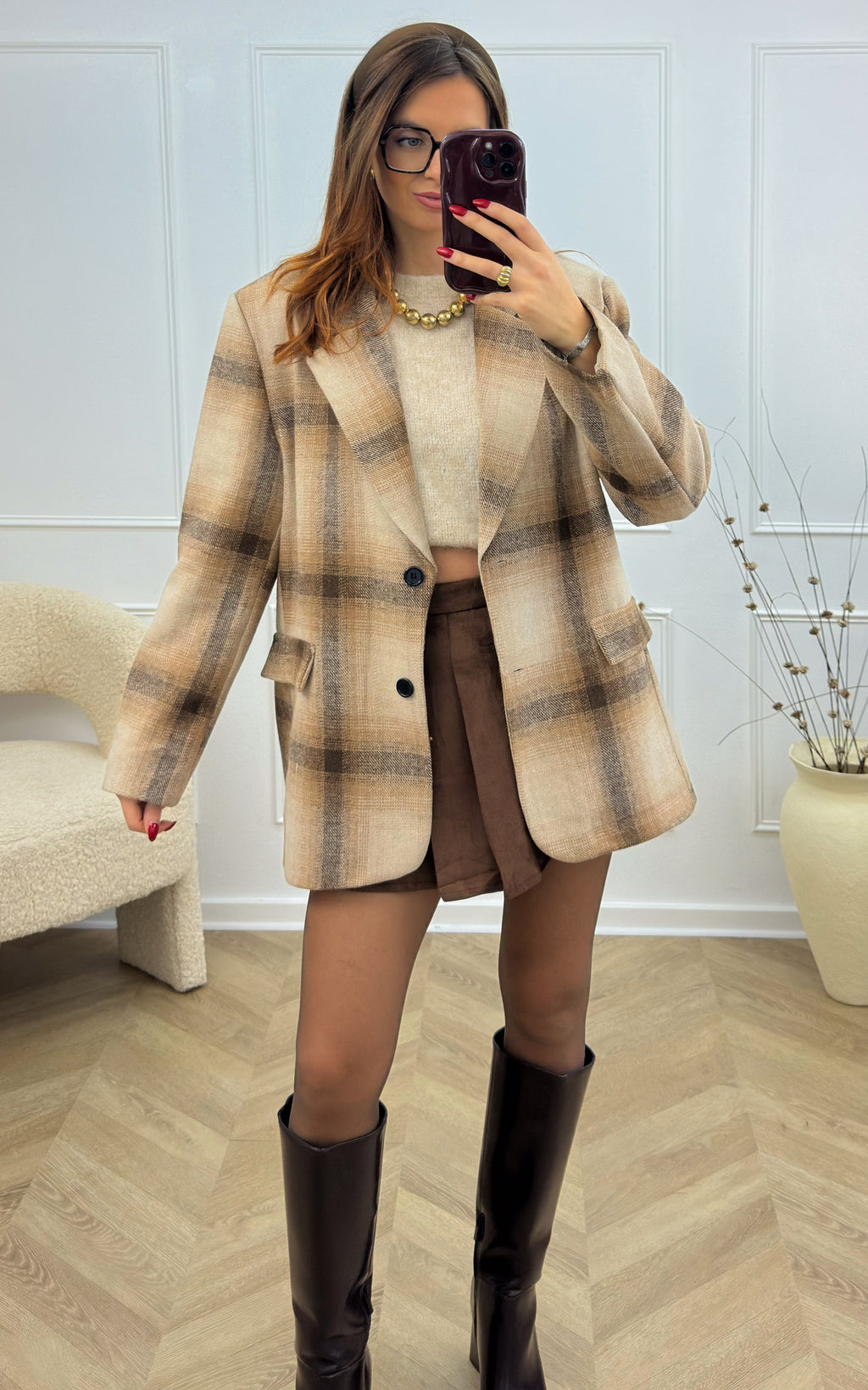 Blazer De Cuadros Carra - Beis