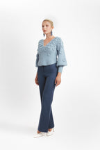 Maglione con scollo a V in mohair e lana con fiori - Blu