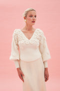 Maglione con scollo a V in mohair e lana con fiori - Bianco