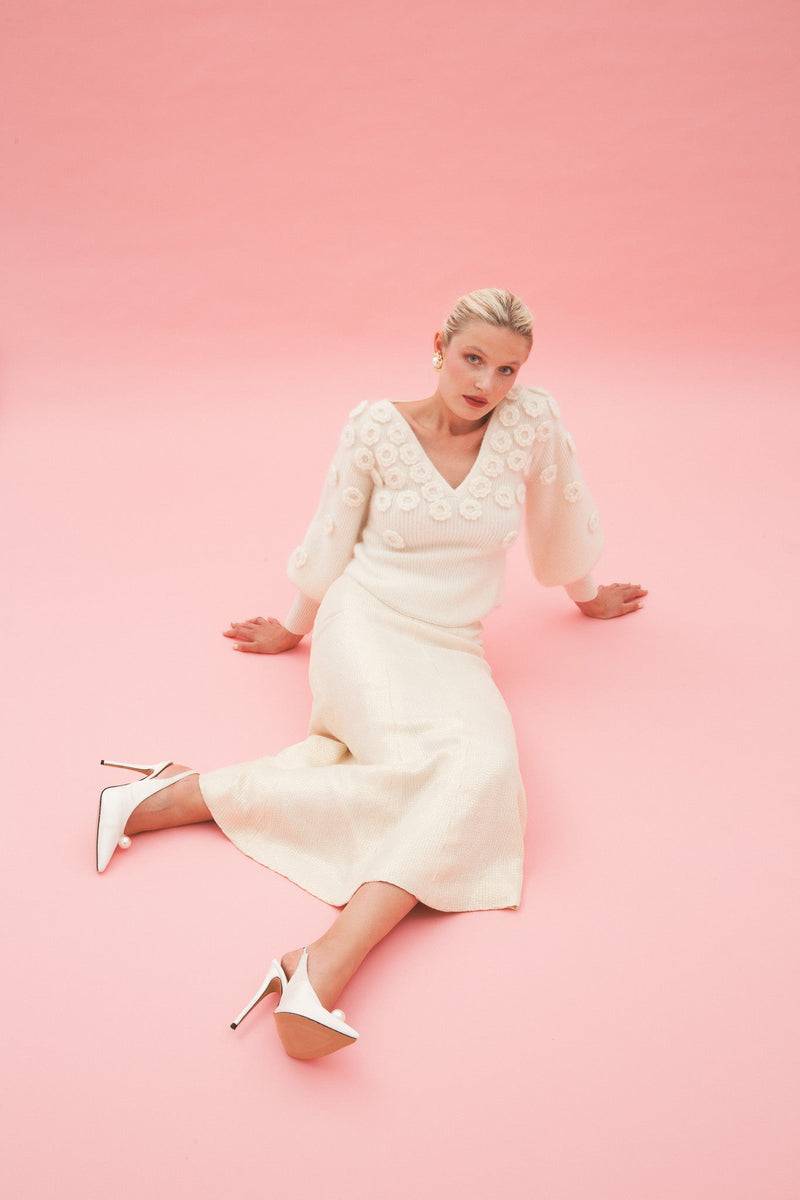 Pull Col V En Mohair Et Laine À Fleurs - Blanc