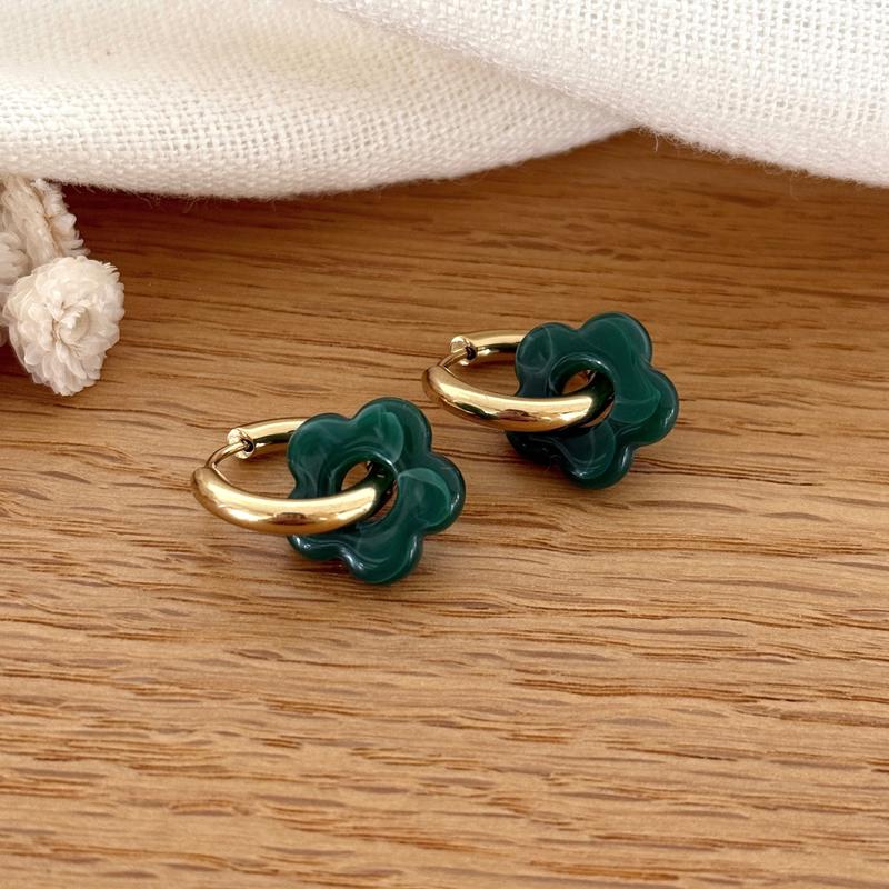 Pendientes Aros “Mini Flora” Acero Oscuro Verde