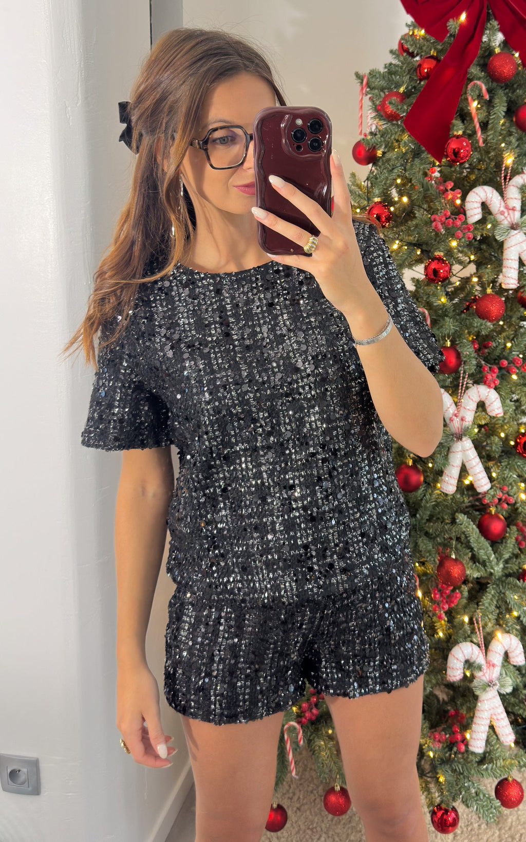 T-Shirt Tweed E Paillettes December Crush - Nero