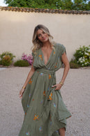 Vestido caqui pájaro dorado