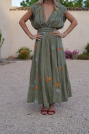 Vestido caqui pájaro dorado