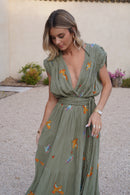 Vestido caqui pájaro dorado