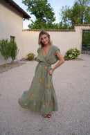 Vestido caqui pájaro dorado