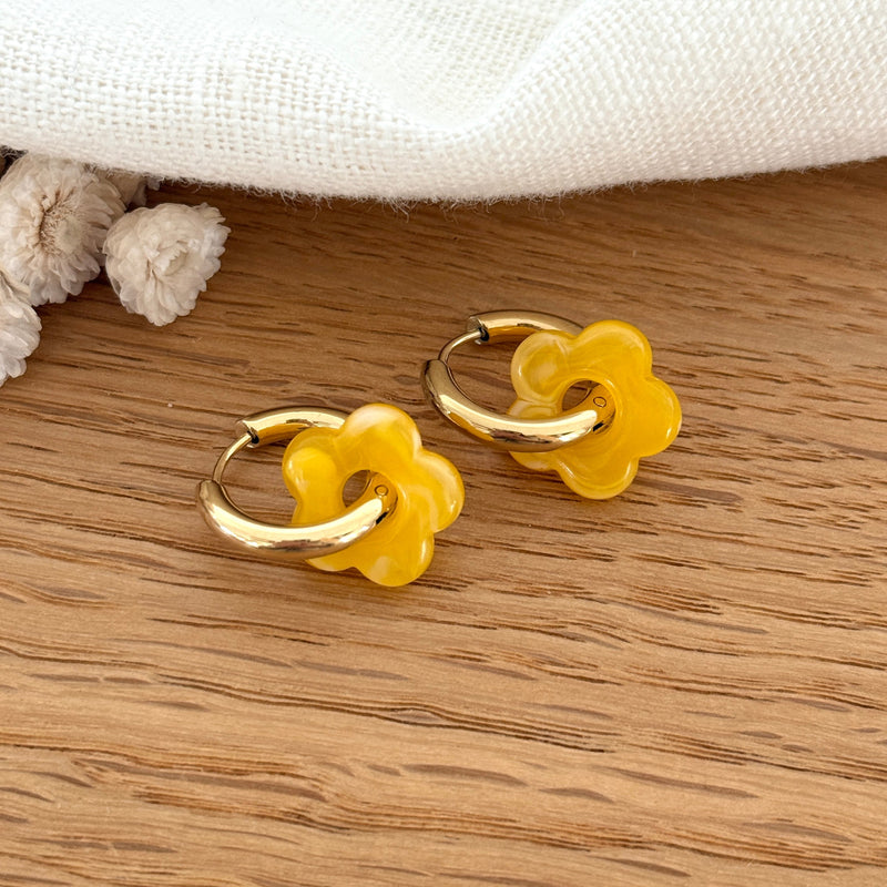 “Mini Flora” Steel Yellow Hoop Earrings