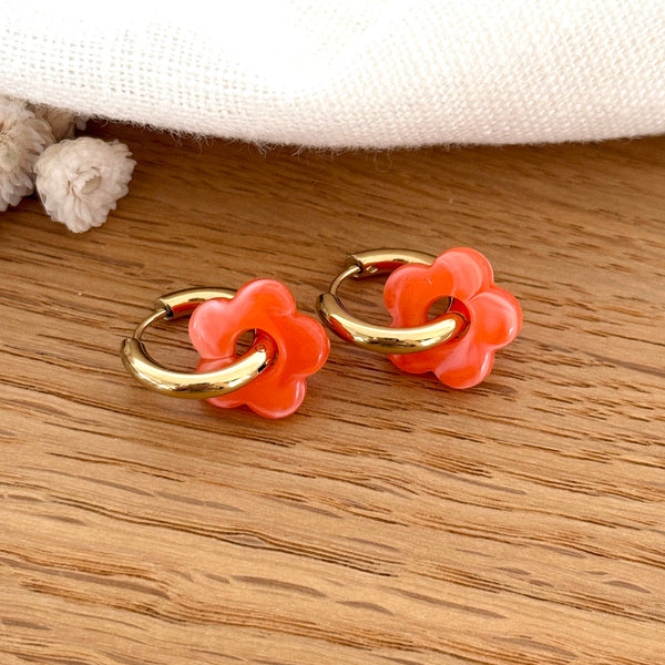 Pendientes Aros "Mini Flora" Acero Naranja Fluo
