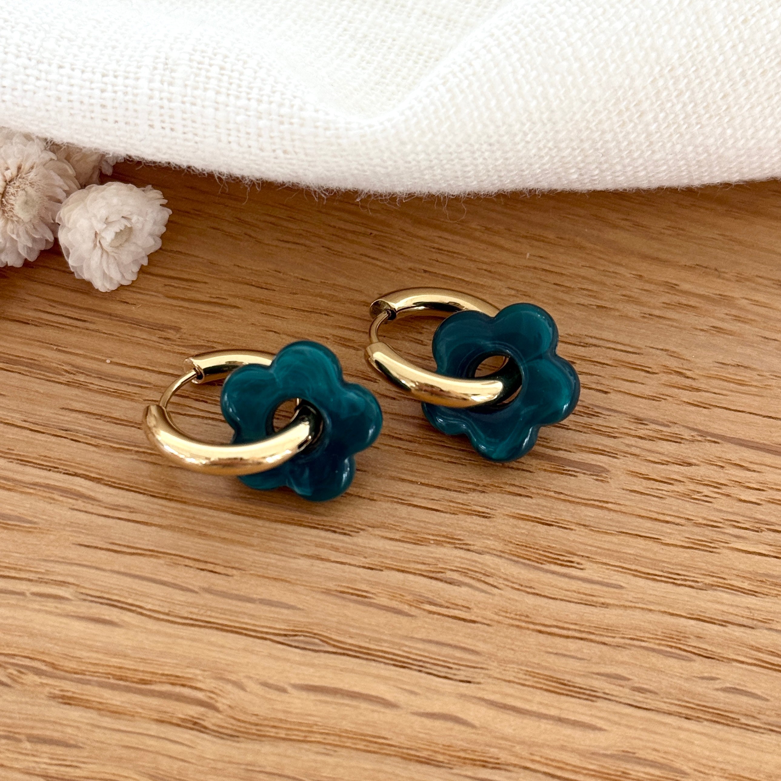 Pendientes de aro “Mini Flora” de acero azul pato