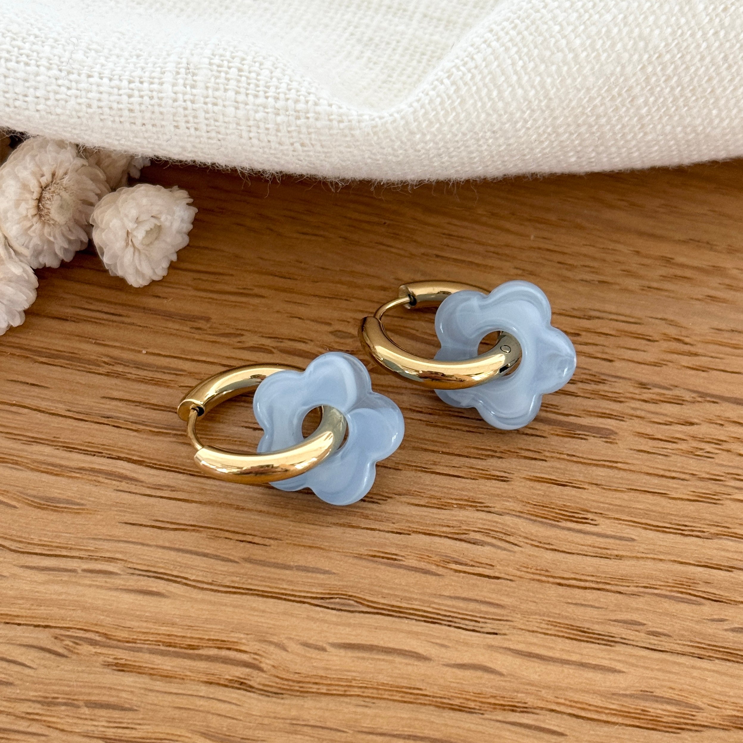 Pendientes Aros “Mini Flora” Acero Azul Cielo
