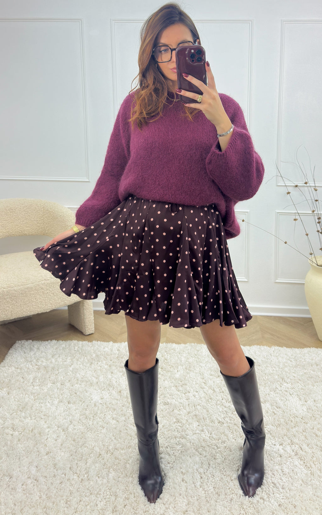 Serenais Polka-dot Skirt - Burgundy