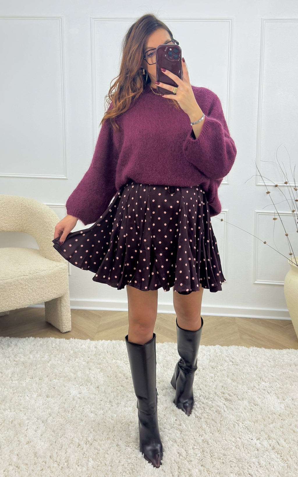 Serenais Polka-dot Skirt - Burgundy