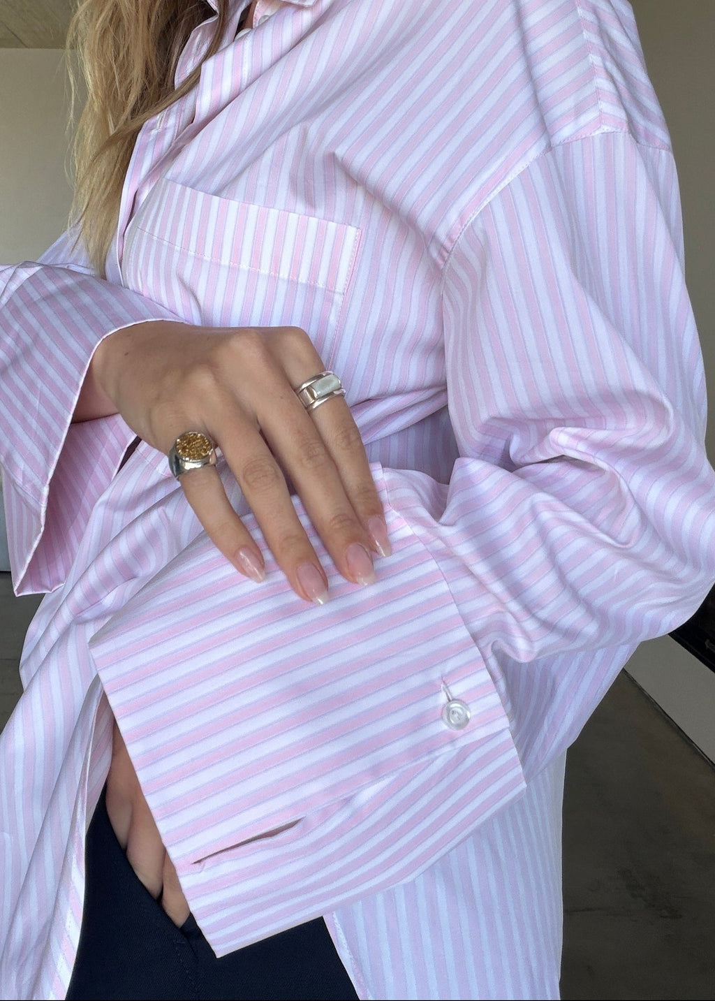 Chemise Gia Wide Cuff Cotton - Pink White & Blue Stripes
