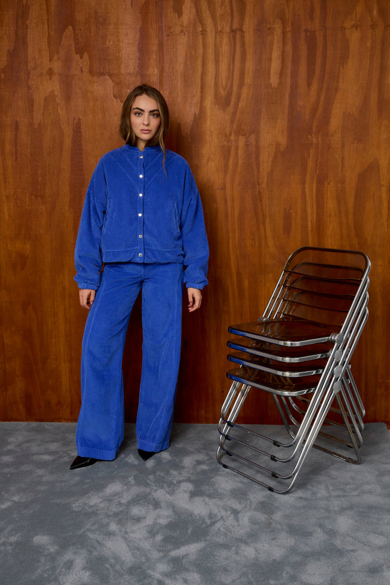 Pantalon Droit En Velours Côtelé Bleu