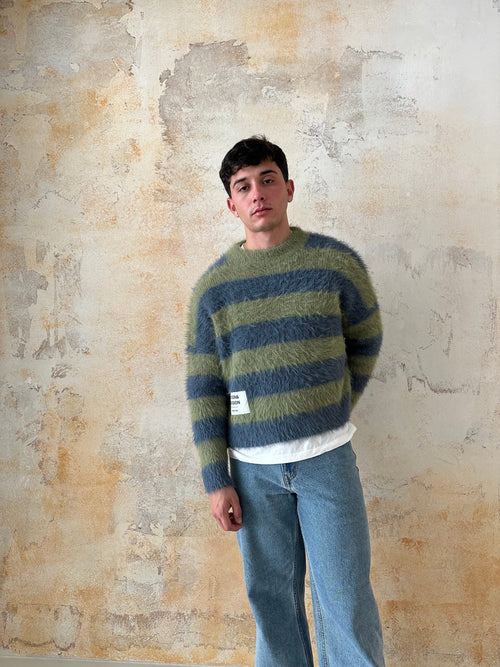 Mailles À Rayures Vertes Et Bleues-Gris