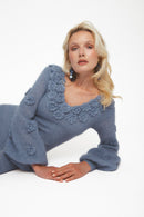 Robe En Mohair Mélangé En Crochet À Fleurs - Bleu