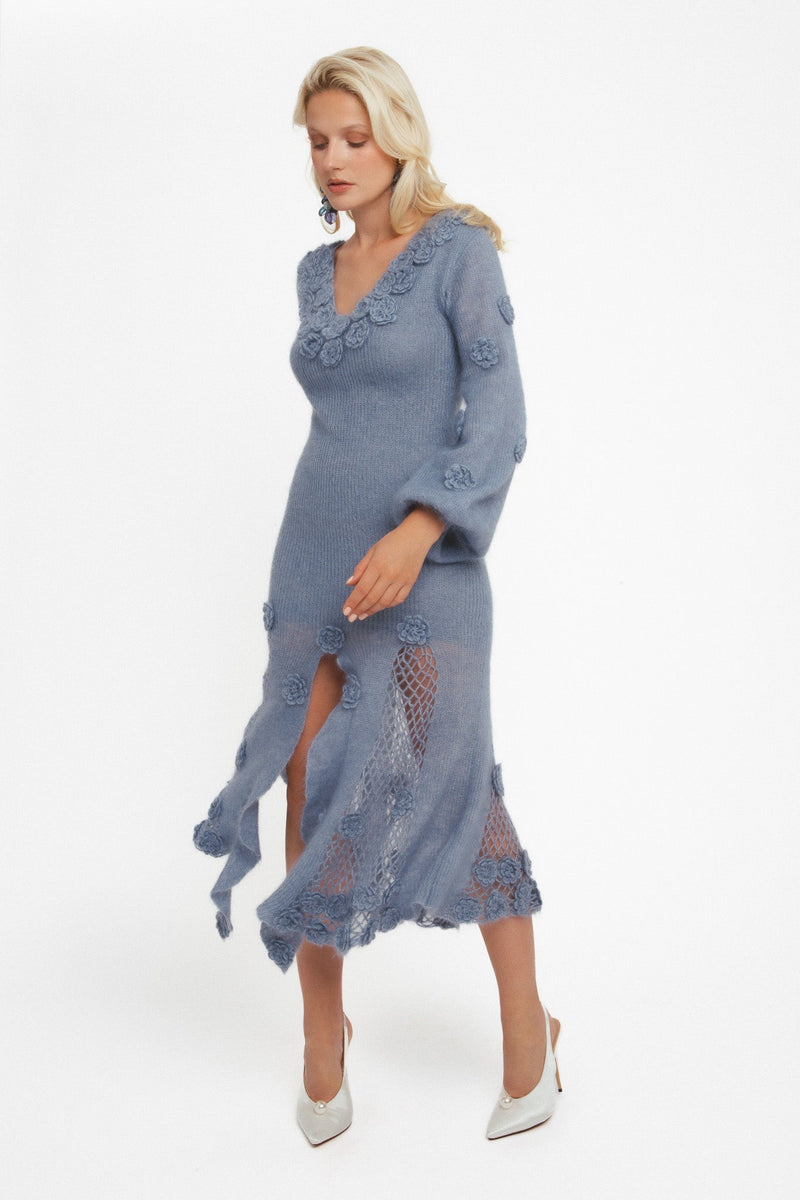 Robe En Mohair Mélangé En Crochet À Fleurs - Bleu