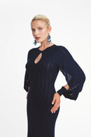 Robe En Maille À Dos Ouvert Et Manches Ouvertes - Bleu Marine