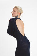 Robe En Maille À Dos Ouvert Et Manches Ouvertes - Bleu Marine