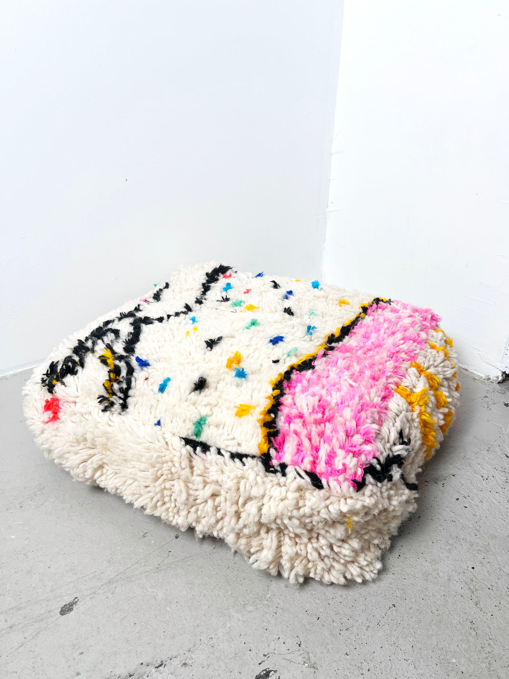 Ecru Moroccan Berber Pouffe with Colourful Patterns