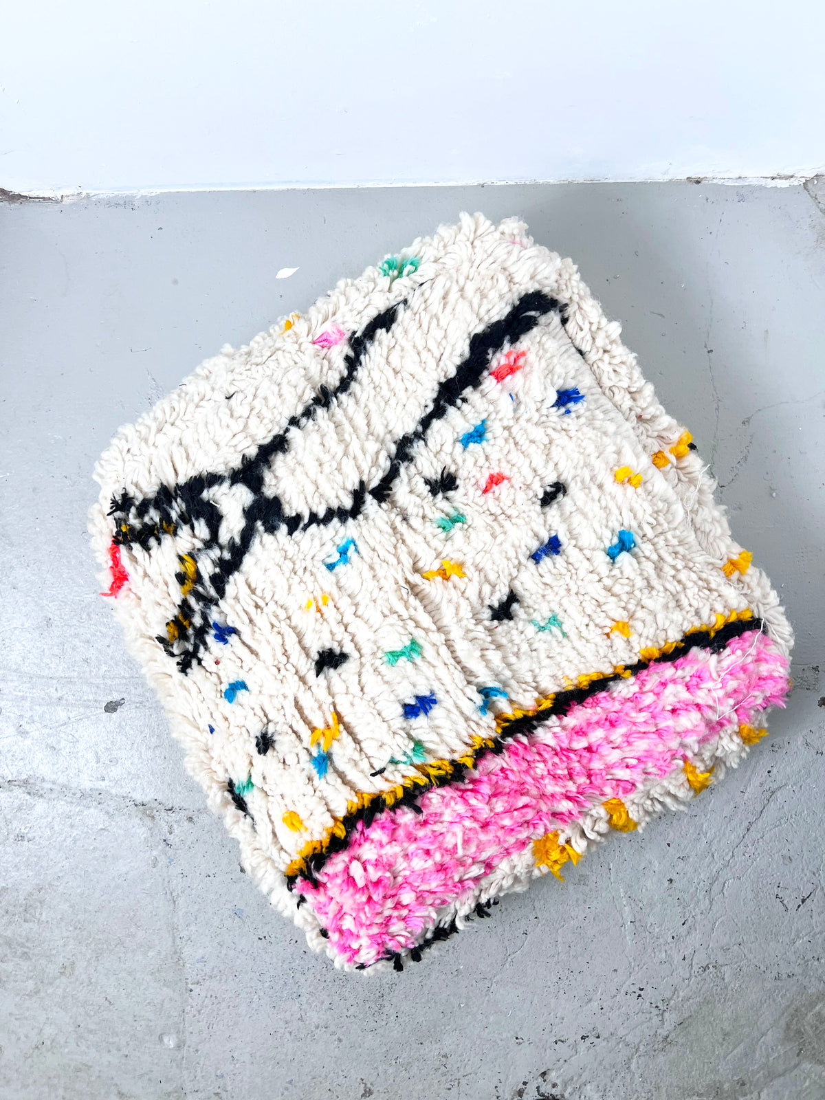 Ecru Moroccan Berber Pouffe with Colourful Patterns