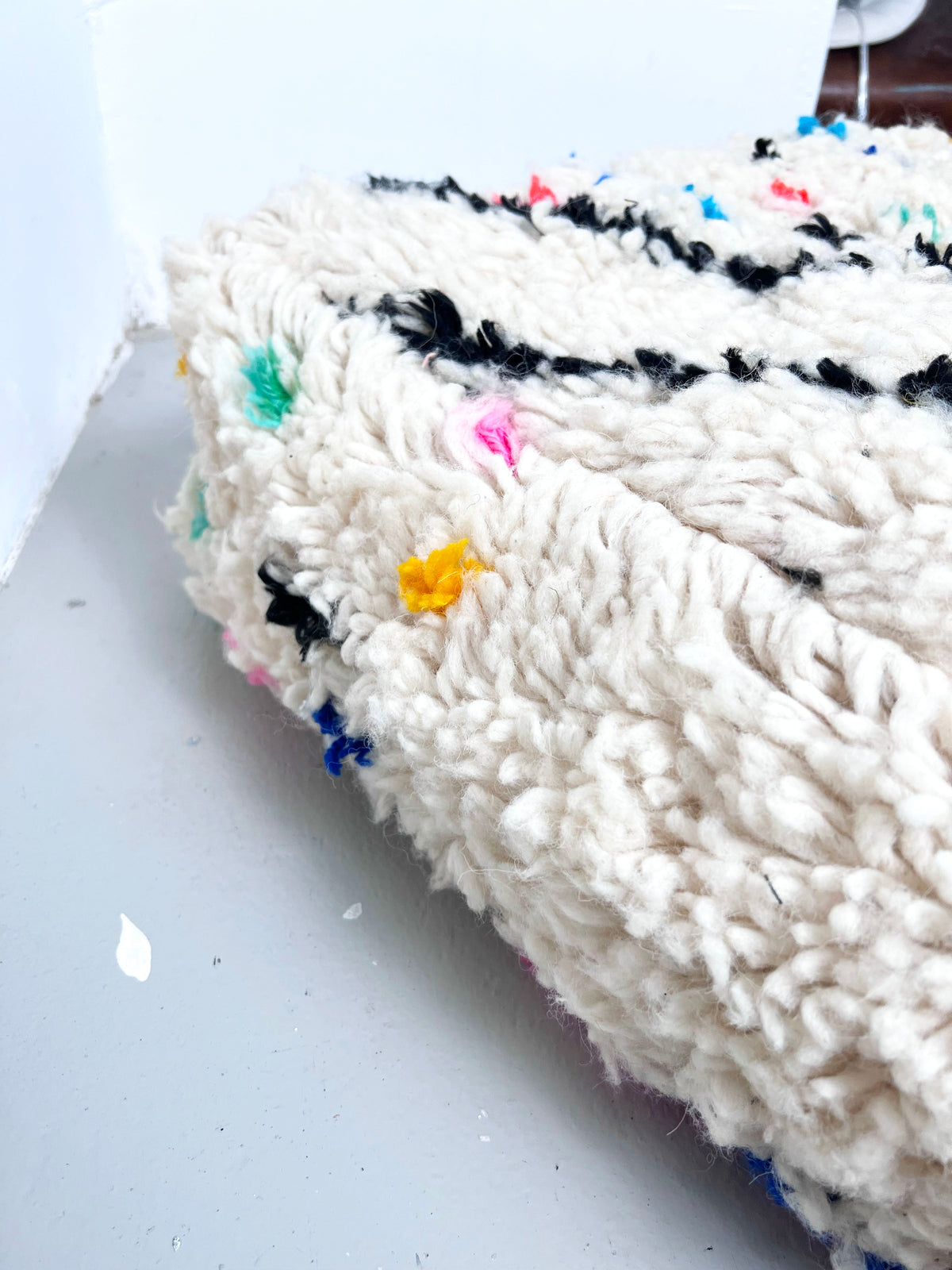 Ecru Moroccan Berber Pouffe with Colourful Patterns