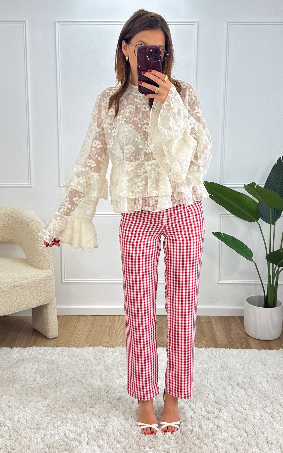 Prudence Checked Trousers - White and Red