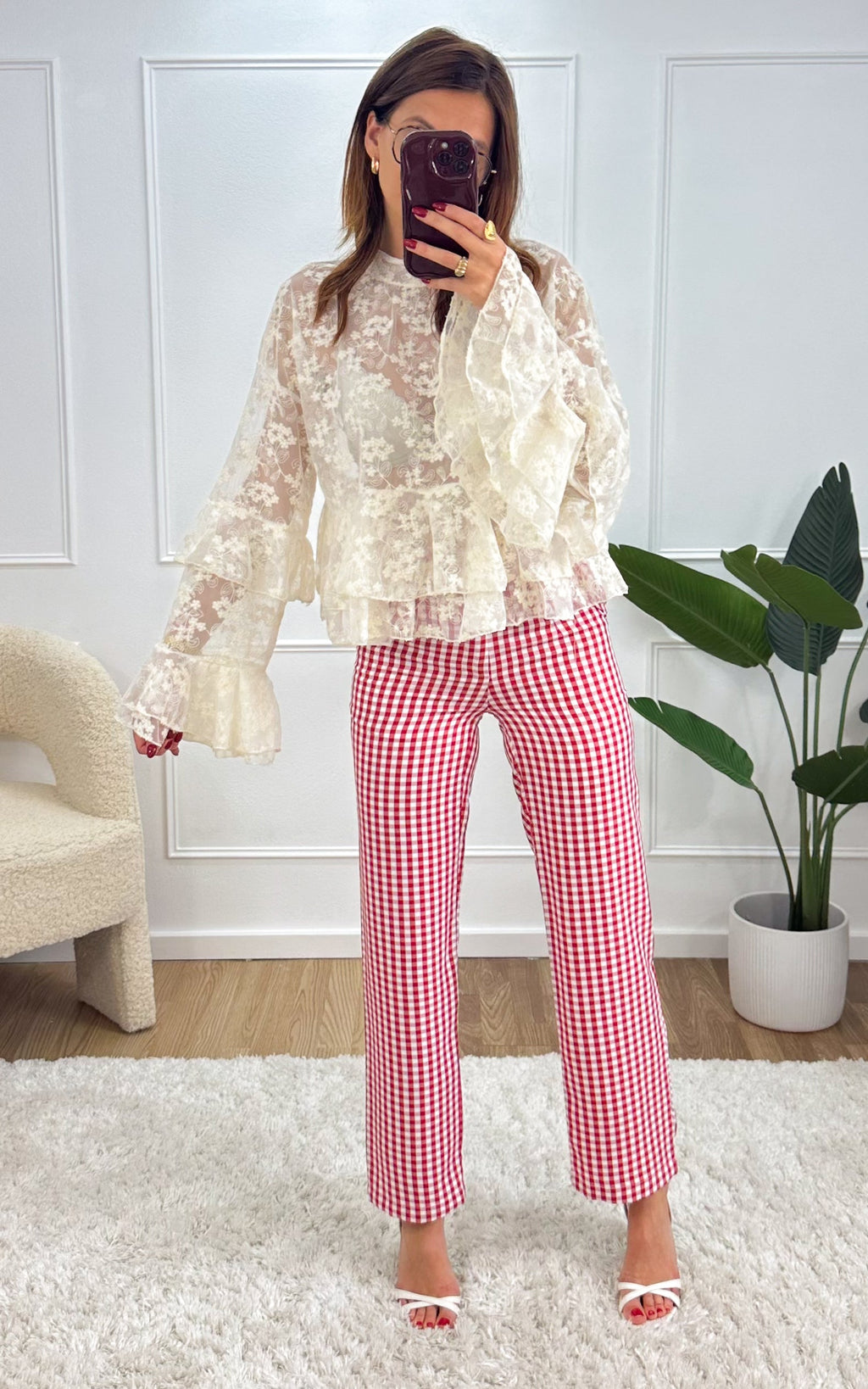 Prudence Checked Trousers - White and Red