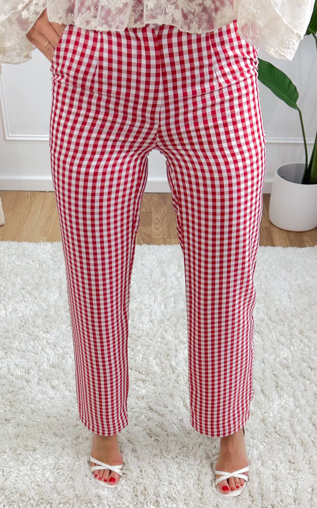 Prudence Checked Trousers - White and Red
