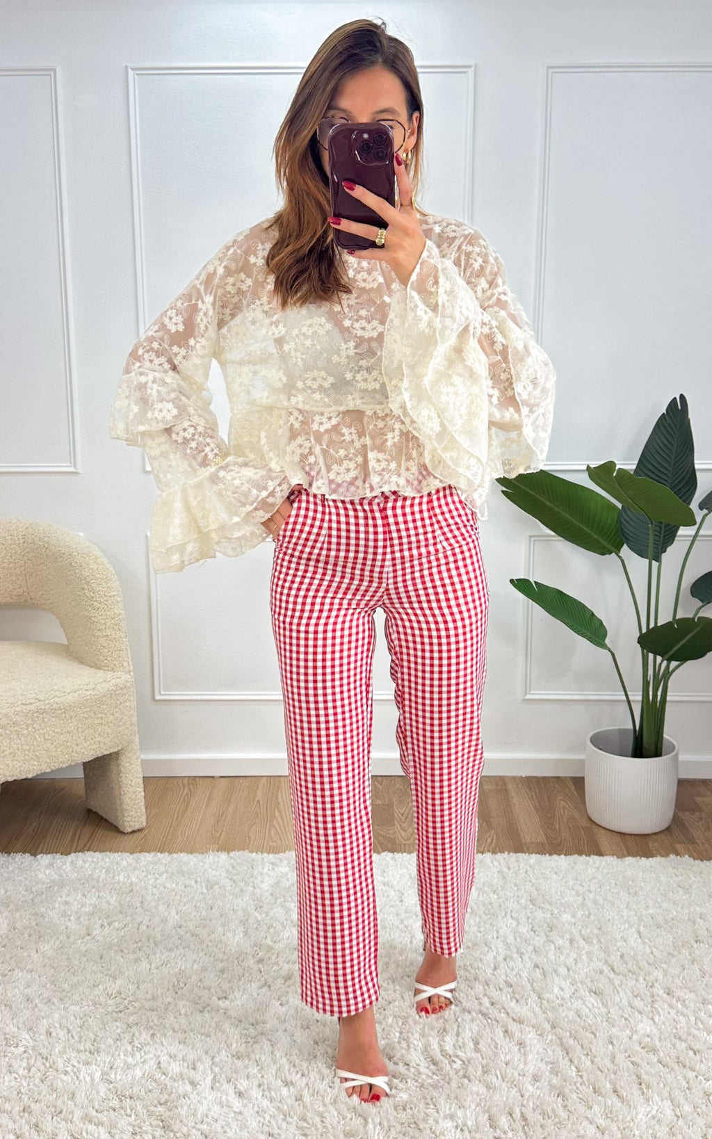 Prudence Checked Trousers - White and Red