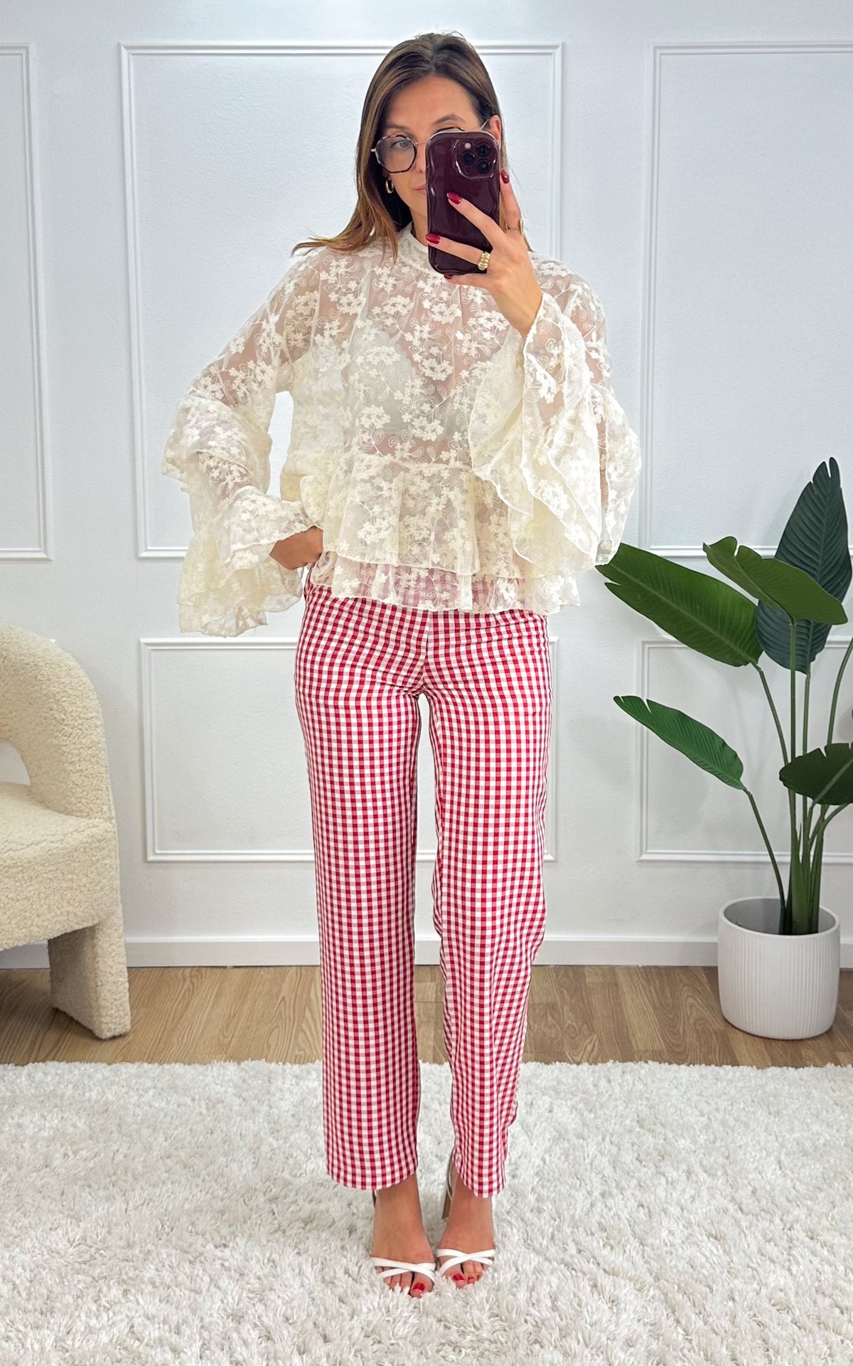 Prudence Checked Trousers - White and Red