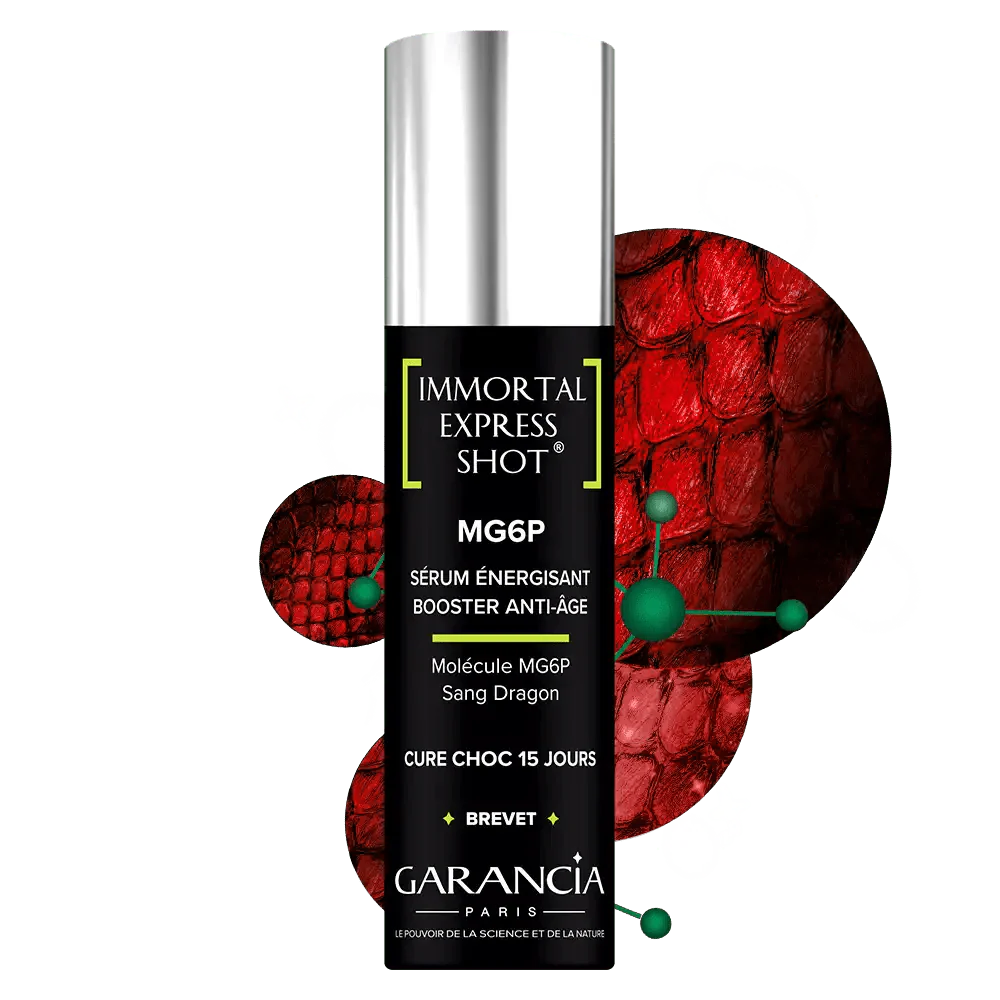 Sérum énergisant Garancia Immortal Express Shot MG6P, une cure choc anti-âge de 15 jours à la molécule MG6P et Sang Dragon, présenté sur un fond texturé rouge.