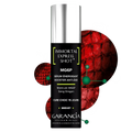 Garancia Immortal Express Shot MG6P sérum energizante, un tratamiento de choque antiedad de 15 días con la molécula MG6P y Sang Dragon, presentado sobre un fondo rojo texturizado.