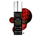Sérum énergisant Garancia Immortal Express Shot MG6P, une cure choc anti-âge de 15 jours à la molécule MG6P et Sang Dragon, présenté sur un fond texturé rouge.