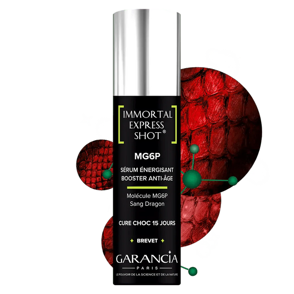 Garancia Immortal Express Shot MG6P sérum energizante, un tratamiento de choque antiedad de 15 días con la molécula MG6P y Sang Dragon, presentado sobre un fondo rojo texturizado.