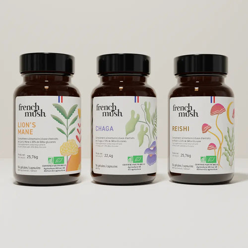 French Mush compléments alimentaires à base d'extraits de champignons médicinaux biologiques fabriqués en France Le pack Immunité et Stress Gélules Bio - gélules -