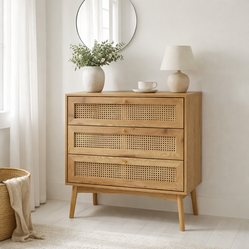Chest of drawers - 3 drawers - Ines - Oak and rattan effect